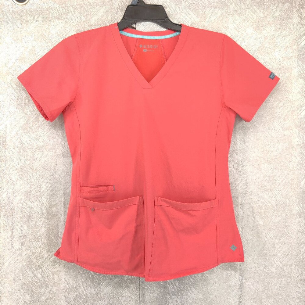 Med Couture Scrub Shirt Womens Medium Coral V-Neck‎ Stretch Pockets Nursing 8579